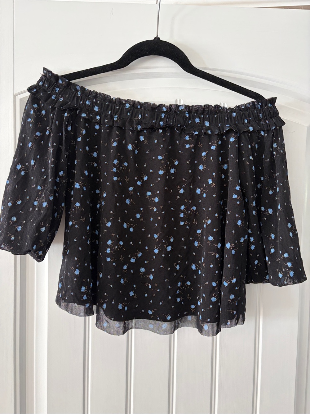 Miss Selfridge Black Off-Shoulder Blouse with Blue Floral Print